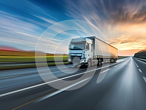 Background photograph of a highway, trucks on a highway, motion blur. Evening shot of truck doing transportation