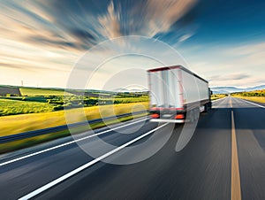 Background photograph of a highway, trucks on a highway, motion blur. Evening shot of truck doing transportation