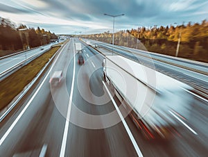 Background photograph of a highway, trucks on a highway, motion blur. Evening shot of truck doing transportation