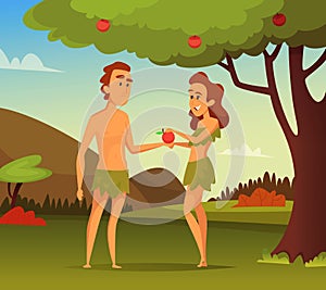 Background picture of Biblical story. Temptation Of Adam. Illustration of first man and woman