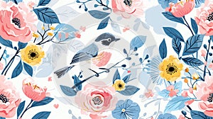 Background picture of a blue bird and a colorful flowers garden
