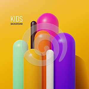 Background picture of colorful geometric toys. Can be used for children`s playrooms. Realistic 3d vector illustration. Isolated o