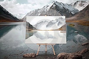 Background Picture With Unfocused A Tranquil Lake Surrounded. Generative AI photo