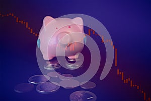 Background with piggy bank standing on euro coins and market chart graph with downward trend, loss of value. Symbolizes a decrease