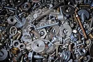 Abstract background with various screws, nuts, bolts and washers and other fasteners. Macro