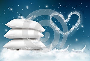 Background with pillows and white feathers. Sleeping concept.