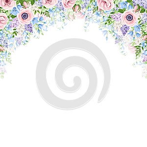 Background with pink, blue and purple flowers. Vector illustration.