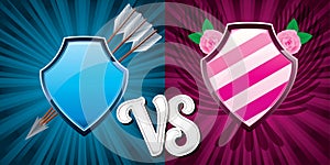 Background with pink and blue team shields versus
