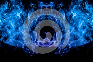 A background of pink, blue and white wavy smoke in the shape of a ghost`s head or a man of mystical appearance on a black isolate