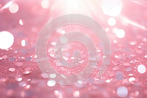 Background of a pink fairy dust light pattern. Glitter and sun rays shine upon it. AI generated