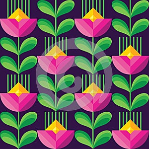 Background pink flowers and green leaves concept design. Abstract artistic floral seamless pattern. Vintage geometric style. Decor