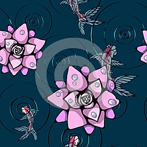 Background with pink lotuses and fish in the water in the rain.