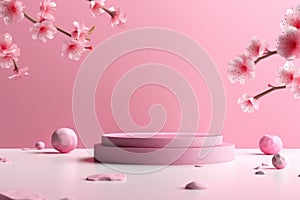Background pink podium display. Sakura pink flowers.