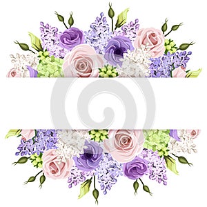 Background with pink, purple and white roses and lilac flowers. Vector eps-10.