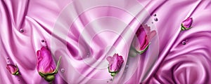 Background with pink silk cloth and rose buds