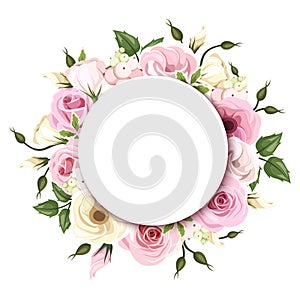 Background with pink and white roses and lisianthus flowers. Vector eps-10.