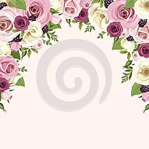 Background with pink and white roses and lisianthus flowers. Vector illustration.