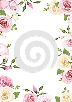 Background with pink and white roses and lisianthus flowers. Vector illustration. photo