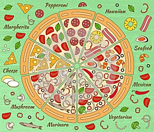 Background with pizza pieces and its ingredients