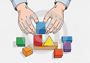 The background is plain, emphasizing the focus on the hands and blocks