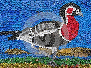 Background of plastic colorful bottle caps. Contamination with plastic waste. Environment and ecological balance. Art from junk.