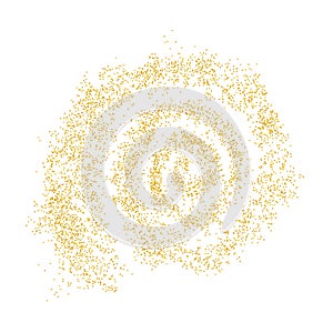 Background plume golden texture spiral crumbs. Gold dust scattering on a white background. Sand particles grain or sand assembled