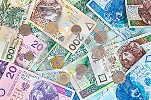 Background of polish banknotes and coins