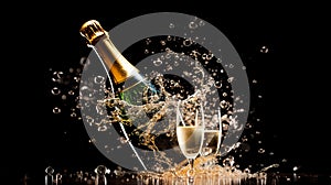 A background of a popping champagne bottle with cork flying and bubbles