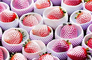 background portioned strawberries in ceramic cups