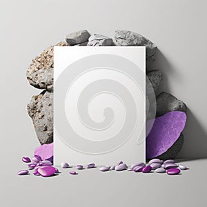 Background for product presentation, lavender and pink petals on the rocks AI generation