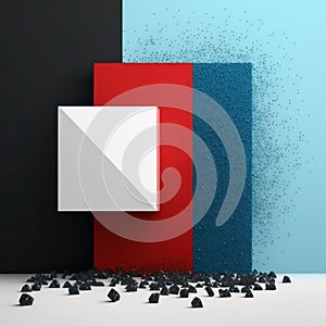 Background for product presentation, white dust and black diamonds, blue crystals and red cubes AI generation