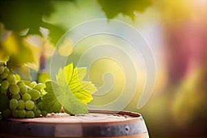 Background for product promotion with wine barrel top and white grape branch