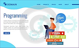 Background for the programming landing page. programmer sits on a stack
