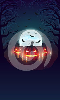 Background with pumpkins and scary woods. Halloween design. Vector illustration.