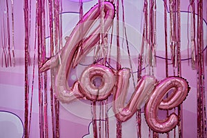 background of purple balloons in the shape of heart. Love concept. Holiday Object, Birthday, Valentines Day, Wedding