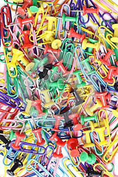 Background of push pins and paper clips