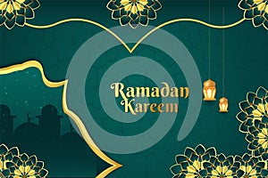 Background Ramadan Islamic style green and gold color with flower ornament