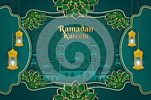 Background Ramadan Kareem stylish Islamic green color with mosque and flower ornament