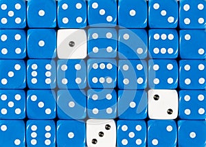 Background of random ordered blue dices with three white cubes