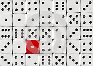 Background of random ordered white dices with one red cube