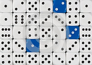 Background of random ordered white dices with three blue cubes