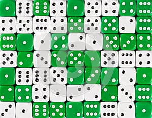 Background of 70 random ordered white and green dices
