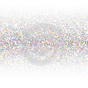 Background of raster semitone multicolored dots on white.