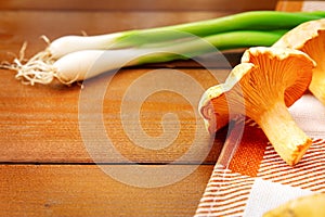 Background with raw golden chanterelle mushrooms. Seasonal mushrooms, harvest on a wooden table with a checkered napkin and green