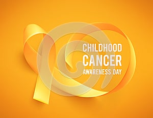 Background with realistic yellow ribbon. World childhood cancer awareness symbol, vector illustration.