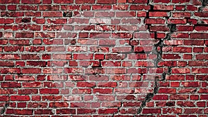 Background red brick wall with crack copy space. Background for text. Texture of a wall made of antique bricks
