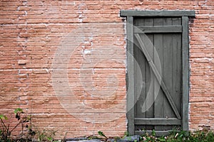 Background of red brick wall with wooden plank door and growing grass, copy space for text