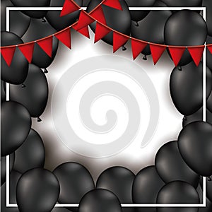 Background with red festoons and black balloons in white backdrop