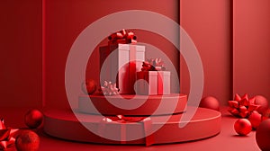 Background with red gift box products stand by podium. Contemporary podium stage for e-comerse. Generated by artificial photo