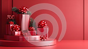 Background with red gift box products stand by podium. Contemporary podium stage for e-comerse. Generated by artificial photo
